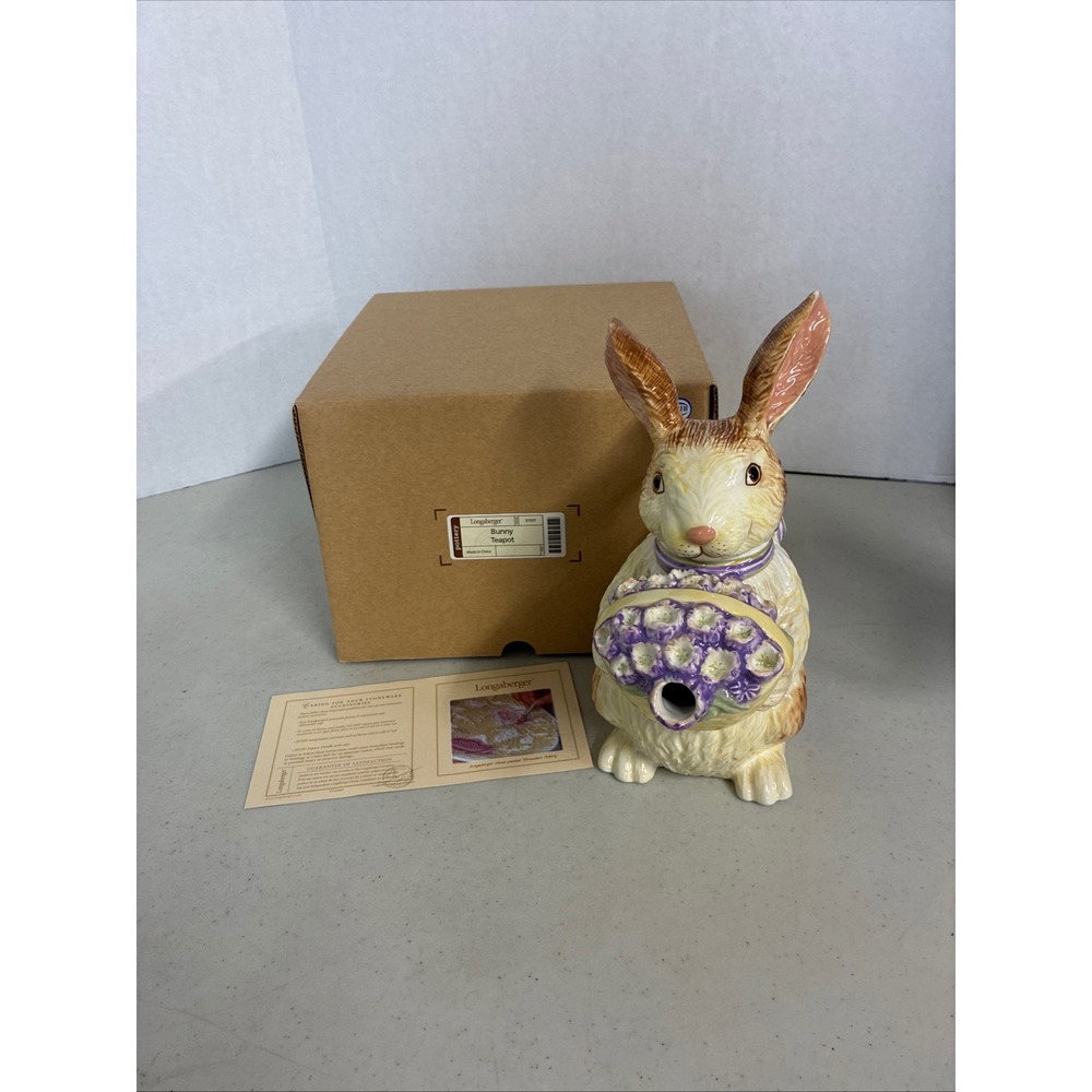 Longaberger Pottery Bunny Teapot Signed Rabbit Flower Basket Easter Spring Box
